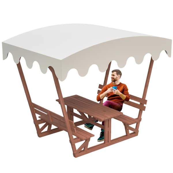 25.31 in. Wood Rectangle Wood Picnic Table with Bench and Removable Canopy Sets 4 People without Umbrella Hole