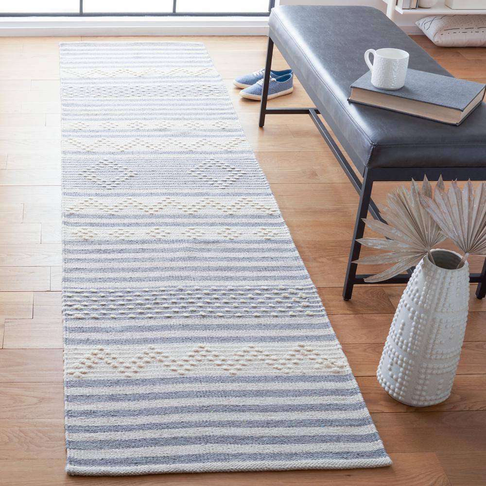 Ivory and Silver Striped Wool Cotton Flat Woven Rug