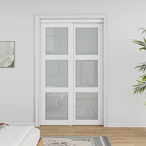 48 in. x 80 in. 3-Lite Frosted Glass White Primed MDF Interior Closet Sliding Door with Hardware