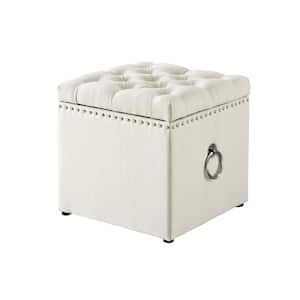 Micella Cream White/Chrome Linen Nailhead Trim 1Pc Cube Storage Ottoman