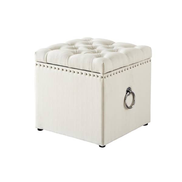 Inspired Home Micella Cream White/Chrome Linen Nailhead Trim 1Pc Cube Storage Ottoman