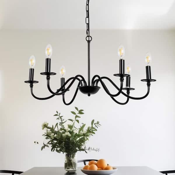 6-Light Black lron Candle Chandelier for Dining Room Living Room