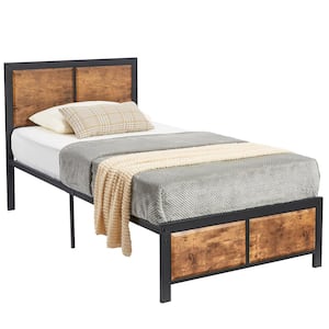 Twin Size Platform Metal Bed Frame with Wooden Headboard and Footboard，Rustic Country Style Bed Frame，40.9"W，Brown