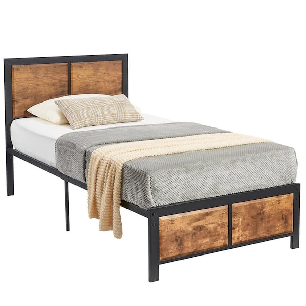 Twin Size Platform Metal Bed Frame with Wooden Headboard and Footboard，Rustic Country Style Bed Frame，40.9"W，Brown