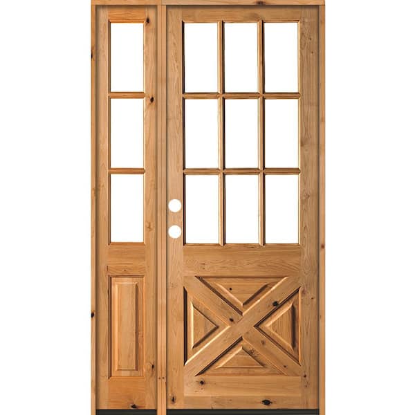 Krosswood Doors 50 in. x 96 in. Knotty Alder 2-Panel Right-Hand/Inswing Clear Glass Clear Stain Wood Prehung Front Door w/Left Sidelite