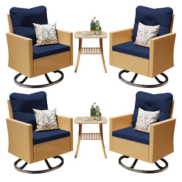 UPHA 6-Piece 360° Square Back Wicker Outdoor Rocking Chair Set with Navy Blue Cushions and Square Side Tables
