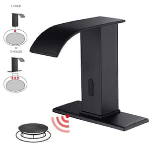 DC Battery Powered Touchless Single Hole Bathroom Faucet Motion Sensor Deck Mount With Drain Assembly In Matte Black