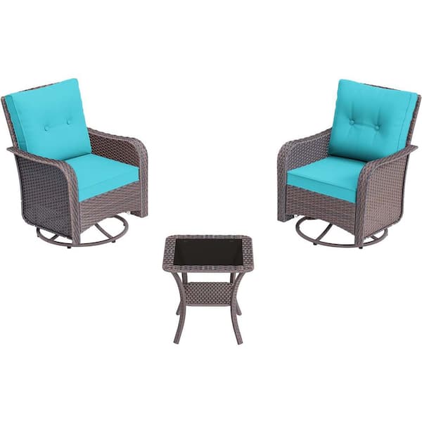 3-Piece Wicker Swivel Outdoor Rocking Chairs with Coffee Table and Cushion Blue