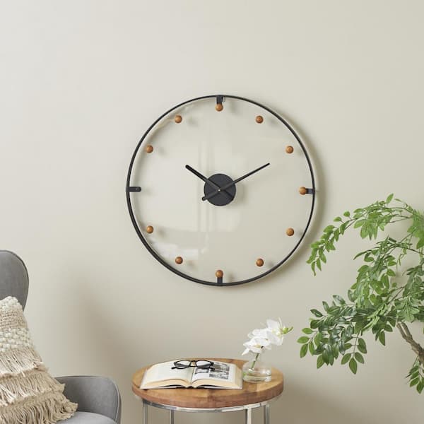 Litton Lane Black Metal Wall Clock with Acrylic Face and Ball Accents