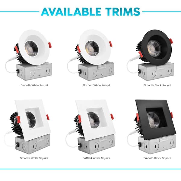 4" Square LED Recessed Light J-Box 15W 5 Color Selectable 1100 Lumens Dimmable Wet Rated Black Trim 4 Pack