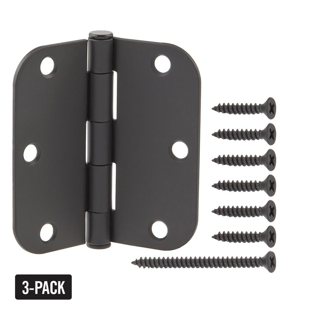 3-1/2 in. x 5/8 in. Radius Matte Black Squeak-Free Door Hinge (3-Pack)
