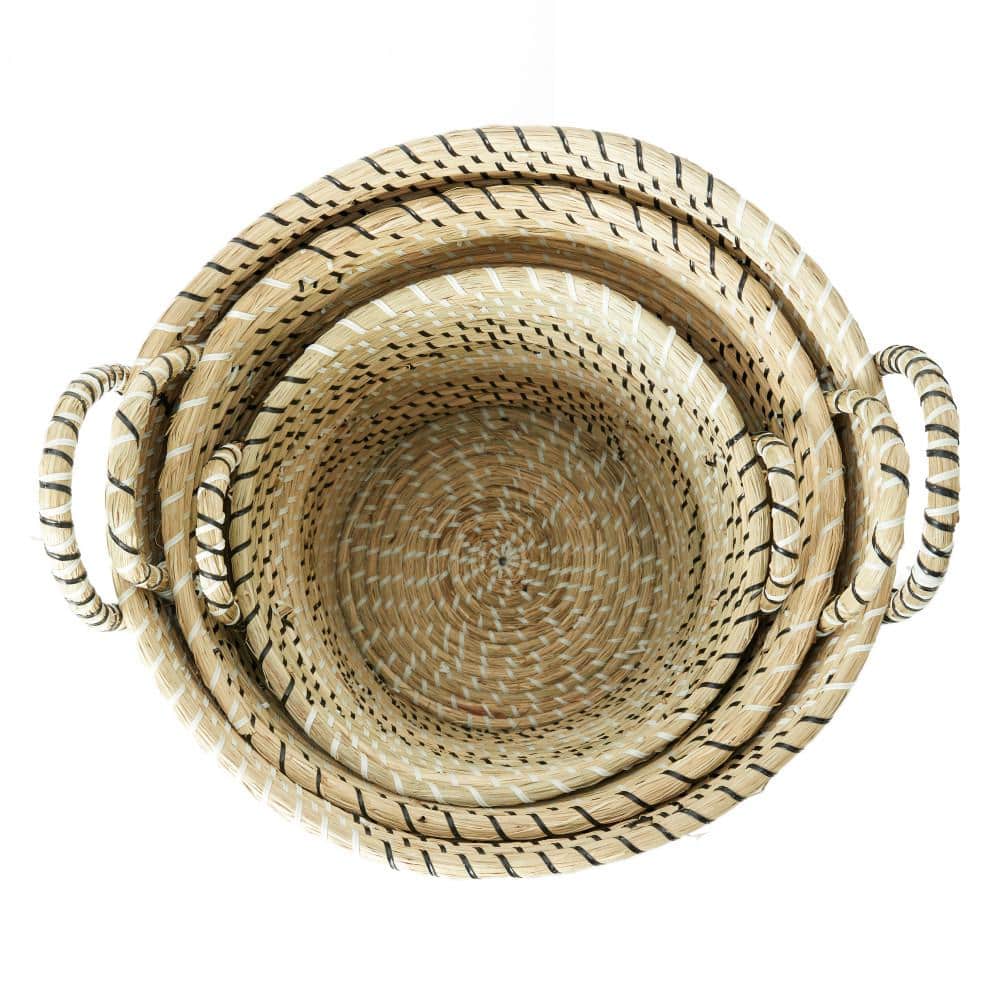 Beige and Black Seagrass Round Storage Baskets, Set of 3