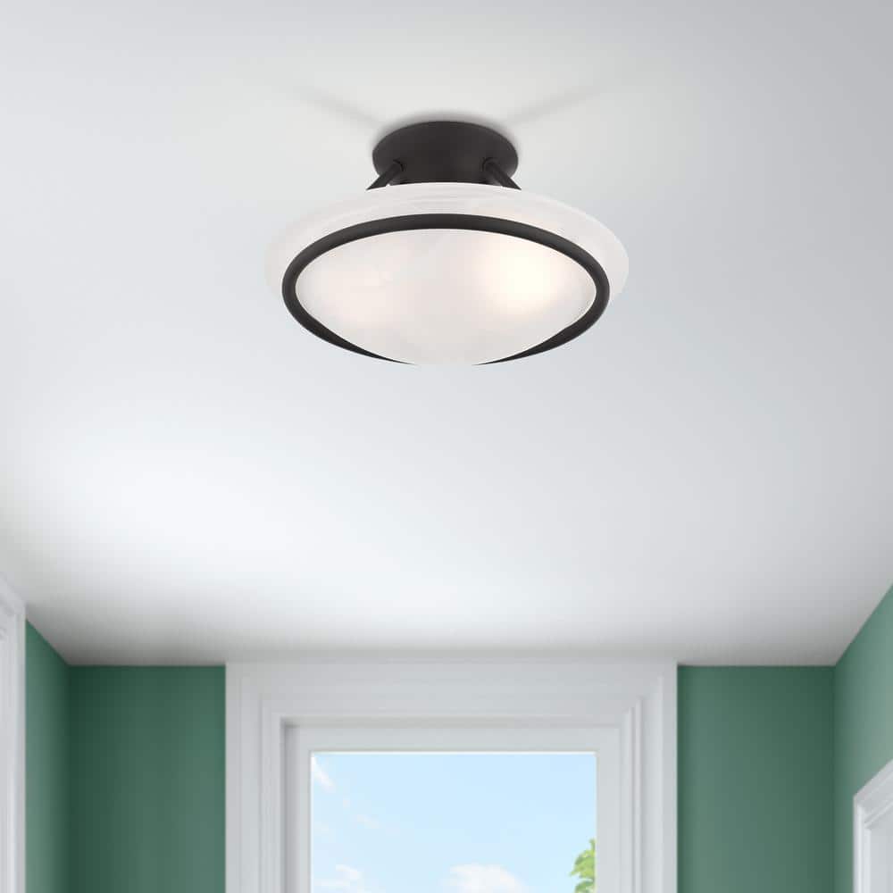 Lustrous Black Nickel 2-Light Semi Flush Mount with White Alabaster Glass Bowl