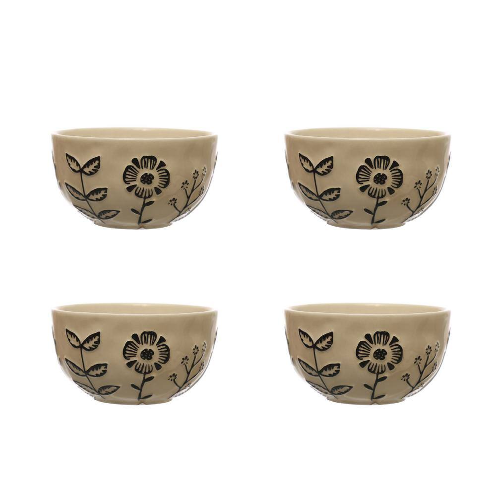 Storied Home 12.77 fl. oz. Beige Stoneware Floral Design Salad Bowls