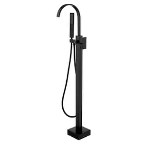 Single-Handle Waterfall Freestanding Tub Faucet with Hand Shower 1-Hole Brass Floor Mount Bathtub Fillers in Matte Black