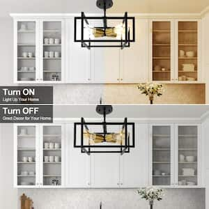 Rectangular Open Cage 14 in. 4-Light Black and Gold Semi- Flush Mount Light