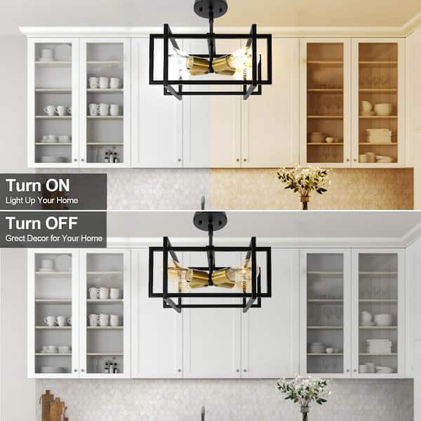 Rectangular Open Cage 14 in. 4-Light Black and Gold Semi- Flush Mount Light