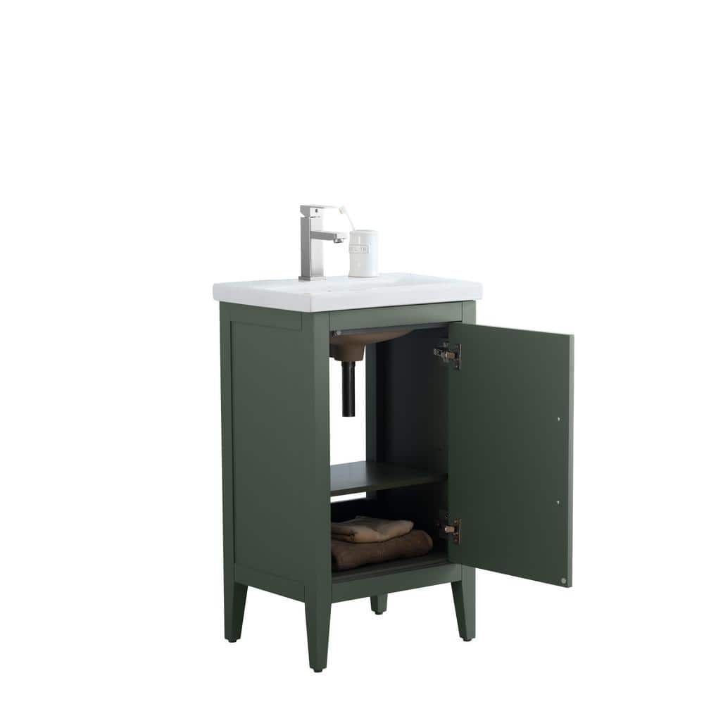 Vintage Green Poplar Wood Single Bathroom Vanity with Ceramic Top