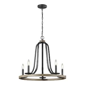 Conal 5-Light Weathered Gray Wagon Wheel Rustic Farmhouse Bell Candlestick Chandelier with Distressed Oak Finish Accents