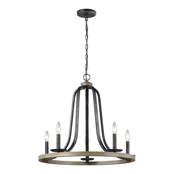 Generation Lighting Conal 5-Light Weathered Gray Wagon Wheel Rustic Farmhouse Bell Candlestick Chandelier with Distressed Oak Finish Accents