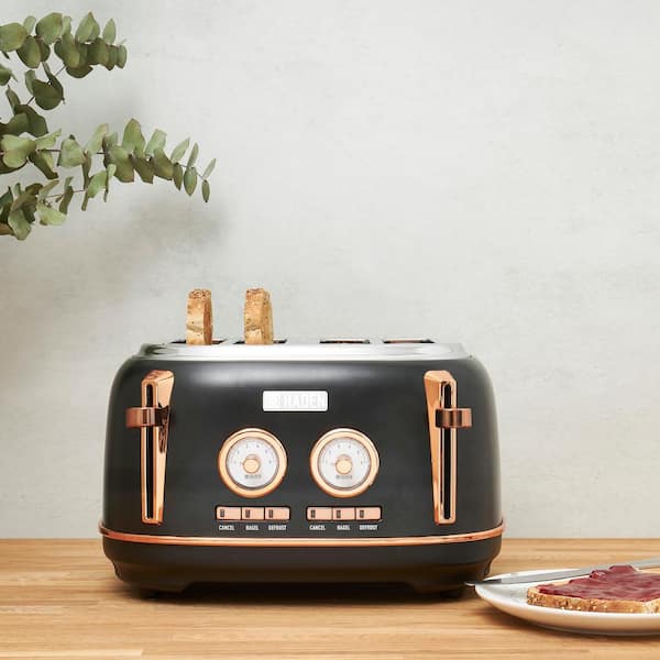 Dorset 1500 W 4-Slice Black and Copper Wide Slot Retro Toaster with Removable Crumb Tray and Browning Control