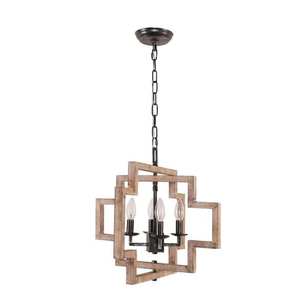 Oaks Aura Berlin Farmhouse 4-Light Weathered Wood Finish Rectangle Cage Chandelier with Candlestick
