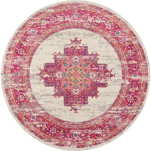 Passion Ivory/Fuchsia 8 ft. x 8 ft. Bordered Transitional Round Rug