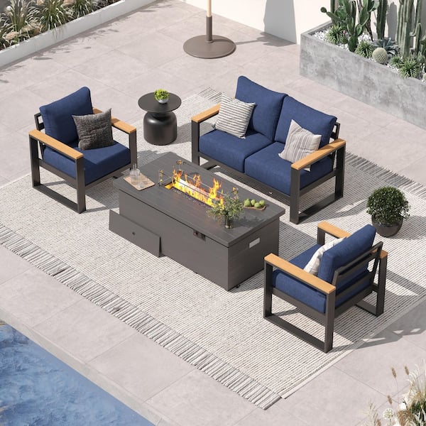 4-Piece Aluminum Patio Conversation Set with 51 in. Fire Pit Table and 4-Seat with Navy Cushions