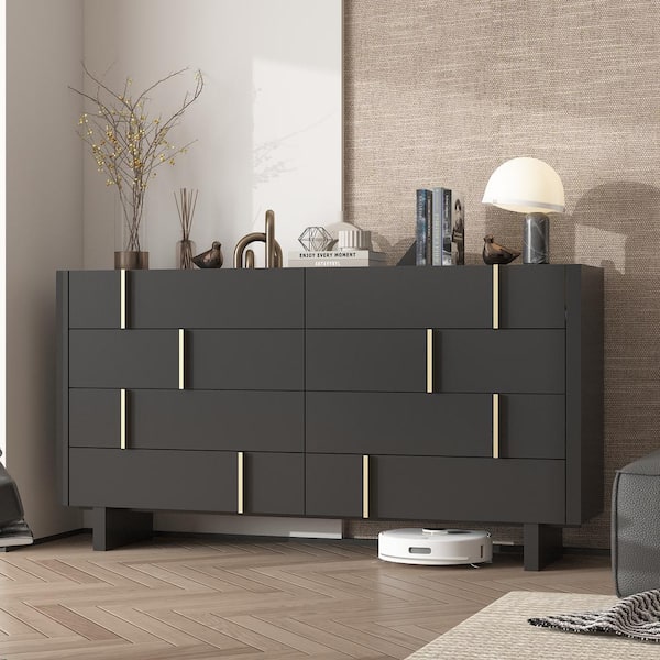 FUFU&GAGA 8-Drawer Black Wood Chest of Drawer with Golden Handle