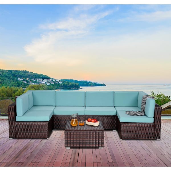 Harper & Bright Designs 7-Piece Brown Wicker Outdoor Sectional Set with Teal Blue Cushions and Table