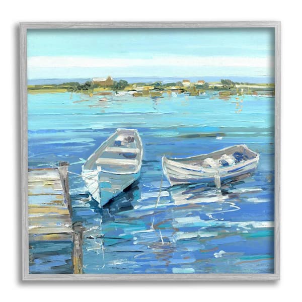 Serene Rowboats Ocean Dock Design By Sally Swatland Framed Nature Art Print 24 in. x 24 in.