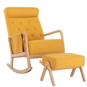 Modern Upholstered Yellow Fabric Rocking Chair With Wooden Base and Ottoman