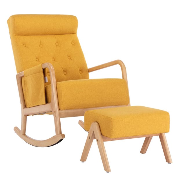 HOMEFUN Modern Upholstered Yellow Fabric Rocking Chair With Wooden Base and Ottoman