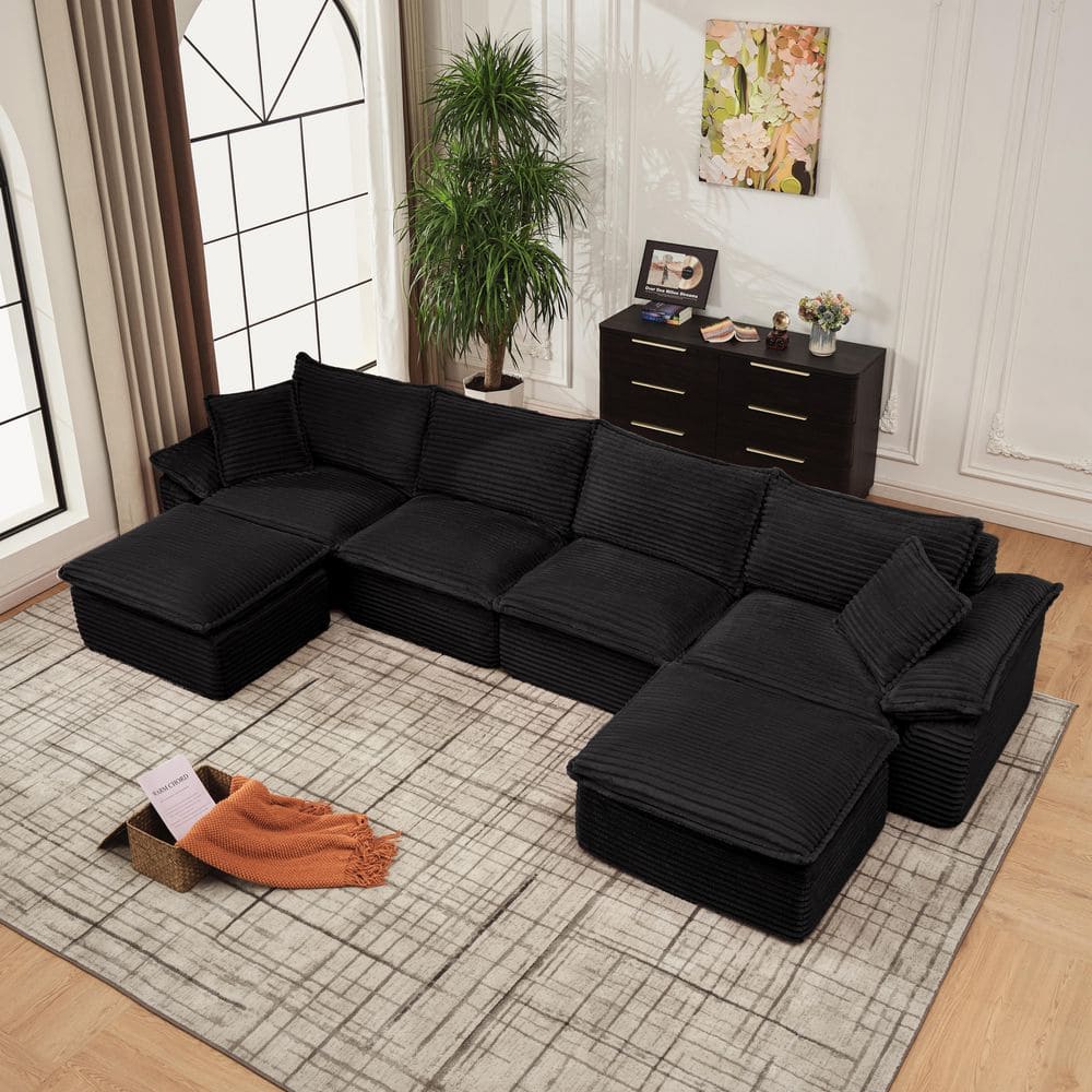144 in. W U-Shape Sofa Corduroy Sectional Sofa with Ottoman, No Assembly Sofa Set in Black 6 Seat Sofa