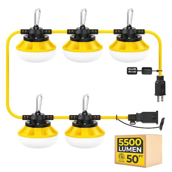 50 ft. 50W 5500-Lumen 110V 5-Light Linkable LED Work String Hanging Lighting, IP65 Waterproof for Jobsite Garage Shop