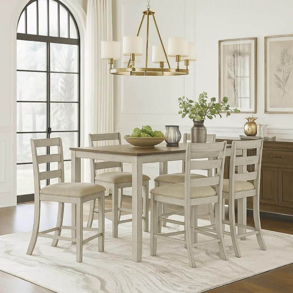Benjara Kemo 7-Piece Rectangular White Brown Wood Top Dining Table Set ...