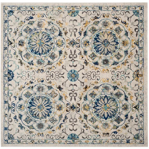 SAFAVIEH Evoke Ivory/Blue 7 ft. x 7 ft. Square Border Circles Floral Area Rug