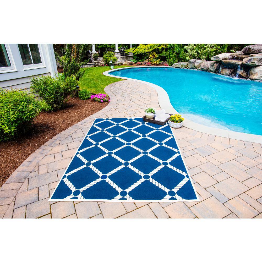Navy Blue Rectangular Synthetic Indoor Outdoor Rug 6'7" x 9'6"