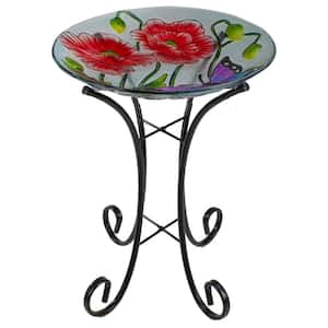 21 in. Butterfly and Carnations Hand Painted Glass Outdoor Birdbath
