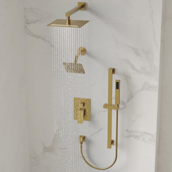 3-Spray Patterns 2.5 GPM 10 and 6 in. Dual Shower Head Wall Mount Fixed Shower Head with Handheld In Brushed Gold