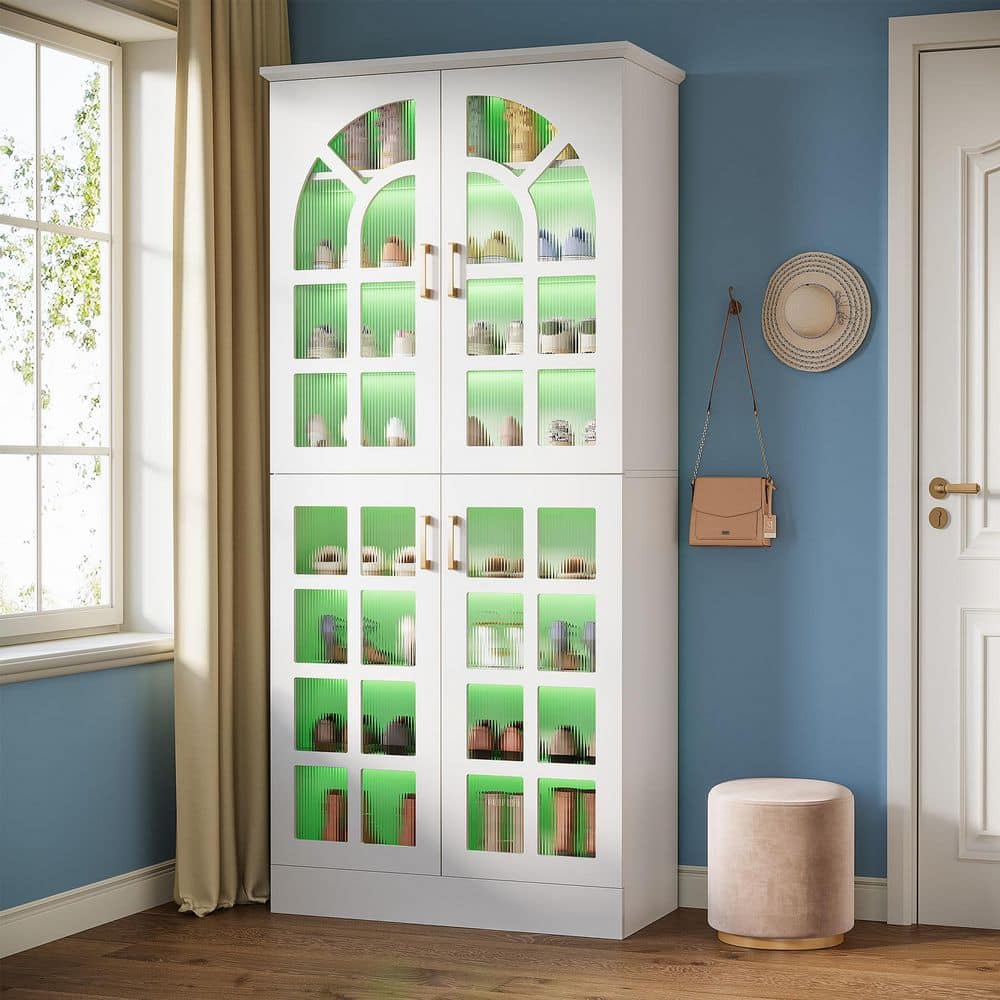 Cezalinda 76 in. Tall 30 Pair Wood White Entryway Closet 8 Adjustable Shelves Rack Shoe Storage Cabinet Doors Led Lights price history on PriceWatchPro