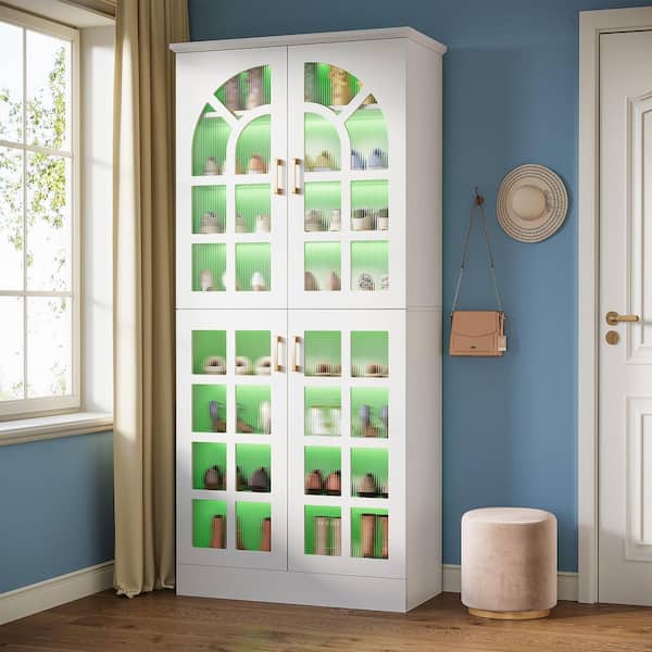 Cezalinda 76 in. Tall 30 Pair Wood White Entryway Closet 8 Adjustable Shelves Rack Shoe Storage Cabinet Doors Led Lights