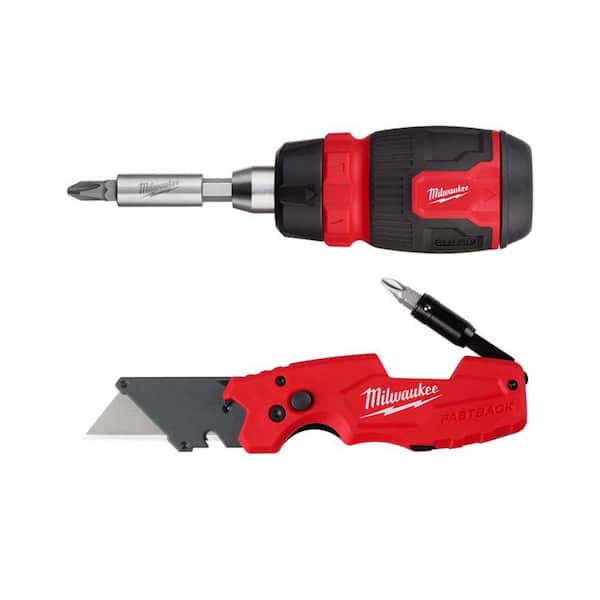 Milwaukee 8-in-1 Ratcheting Compact Multi-Bit Screwdriver with FASTBACK 6-in-1 Folding Utility Knife (2-Piece)