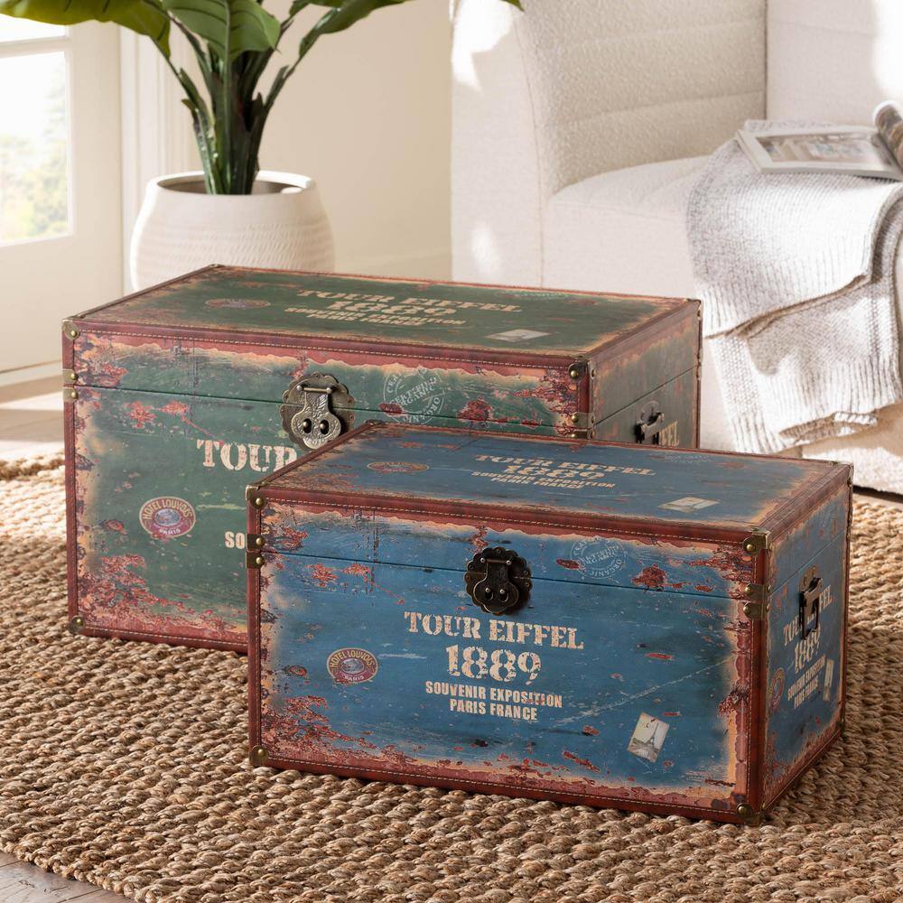 Baxton Studio 2pc Sabeen Faux Leather and Wood Storage Trunk Set Green/Blue