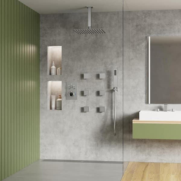 Thermostatic Shower System 7-Spray Ceiling Mount Square Shower Head with 6-Jets in Brushed Nickel (Valve Included)