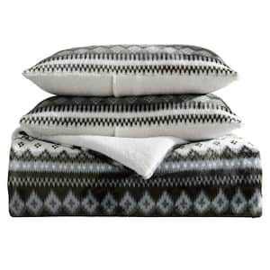 Shelton Fair Isle 2-Piece White/Olive Green/Soft Grey Plush Twin Comforter Set