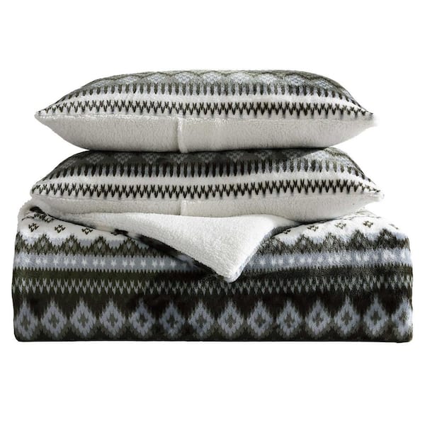 Eddie Bauer Shelton Fair Isle 2-Piece White/Olive Green/Soft Grey Plush Twin Comforter Set