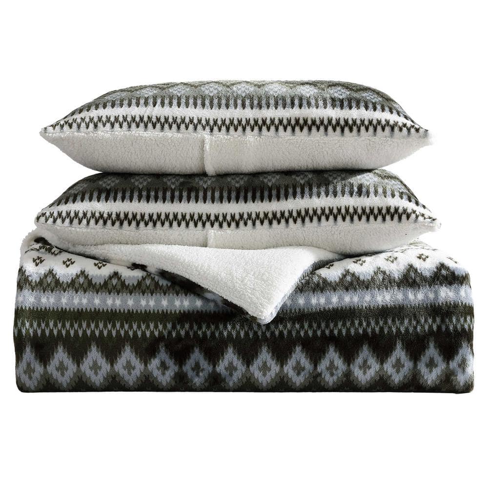 Eddie Bauer Shelton Fair Isle 3-Piece White/Olive Green/Soft Grey Plush Polyester Full/Queen Comforter Set