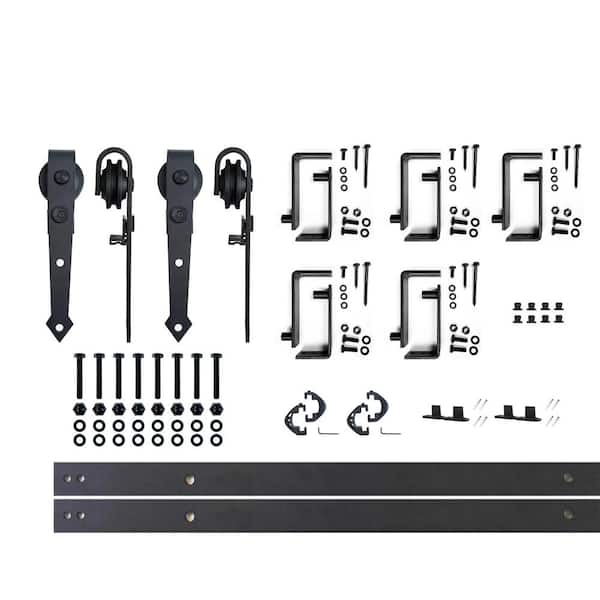 HOMACER 7 ft./84 in. Black Rustic Double Track Bypass U-Shape Sliding Barn Door Hardware Kit - Arrow Design Roller