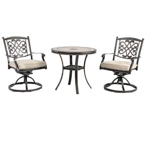 3-Piece Cast Aluminum Outdoor Dining Set with Tile-Top Dining Table and Flower-Shaped Swivel Chairs with Beige Cushions